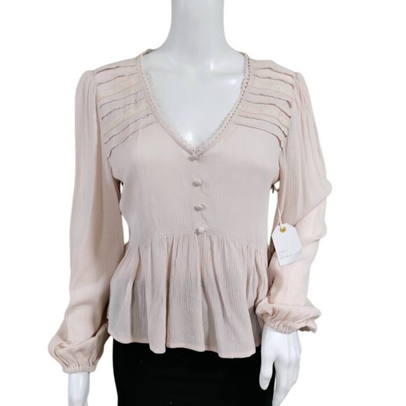 Coco + Jaimeson Twee Whimsy Prairie Gauzy Pintuck Peplum Top Rose Pink Womens M - Picture 1 of 9